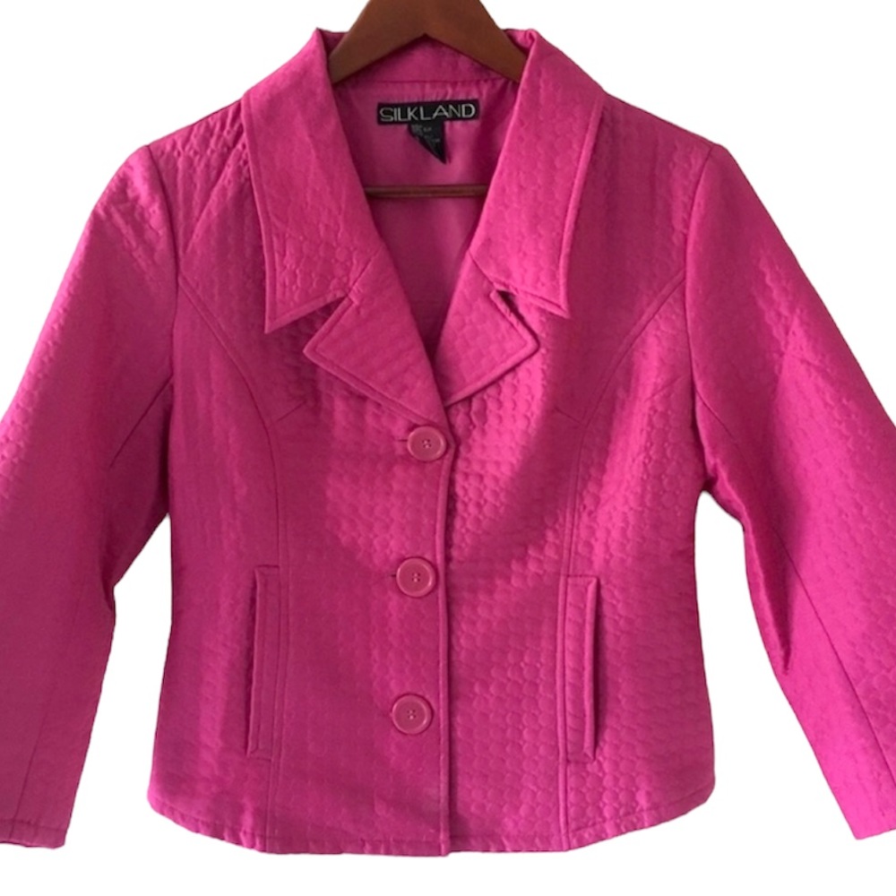 Vintage 90s Fuchsia Pink Silk Quilted Button-Down Cropped Blazer Jacket Small